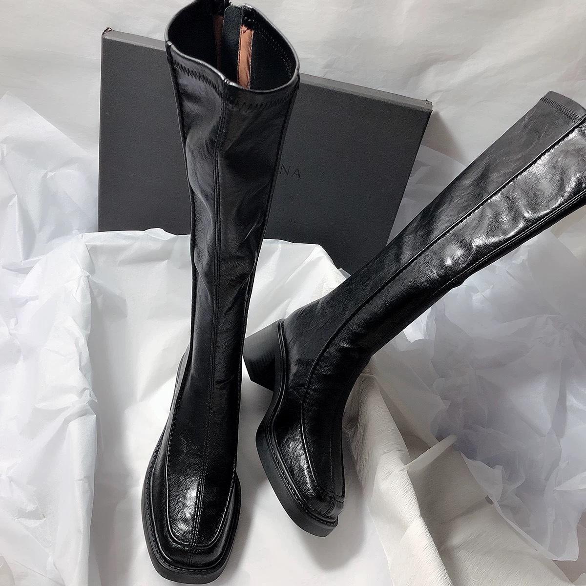Damen Kniehohe Stiefel Vintage Dicker Absatz Mode Reißverschlüsse Lederstiefel 2026 Herbst Winter Damen Prägnanter Langer Stiefel Botas De Mujer 39 schwarz