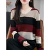Korean Color Block V-Neck Knit Sweater - Women's Casual Striped Loose Fit for Early Autumn