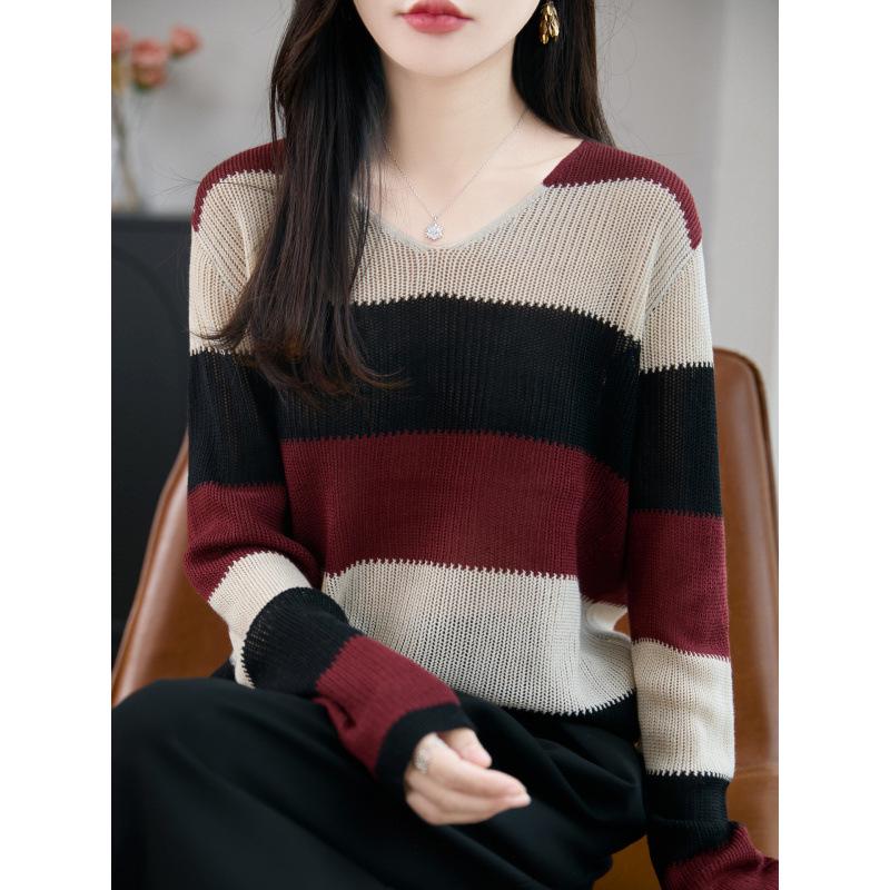 Korean Color Block V-Neck Knit Sweater - Women's Casual Striped Loose Fit for Early Autumn