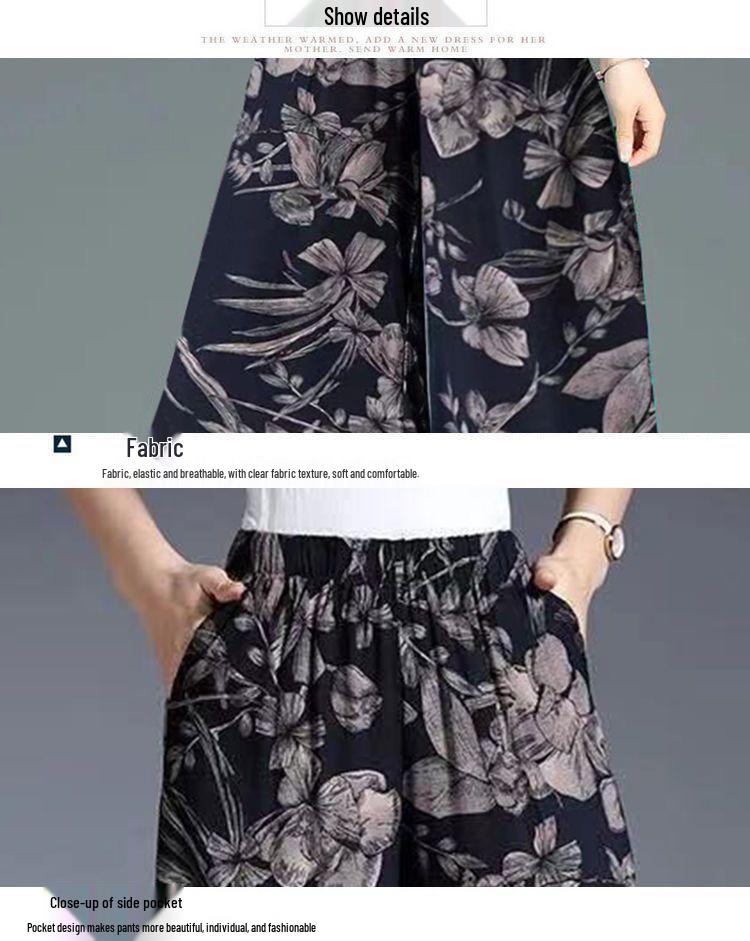 Women's Ice Silk Printed Wide-Leg Skirt Pants - Summer Slimming, Loose, Plus Size, Middle-Aged Fashion