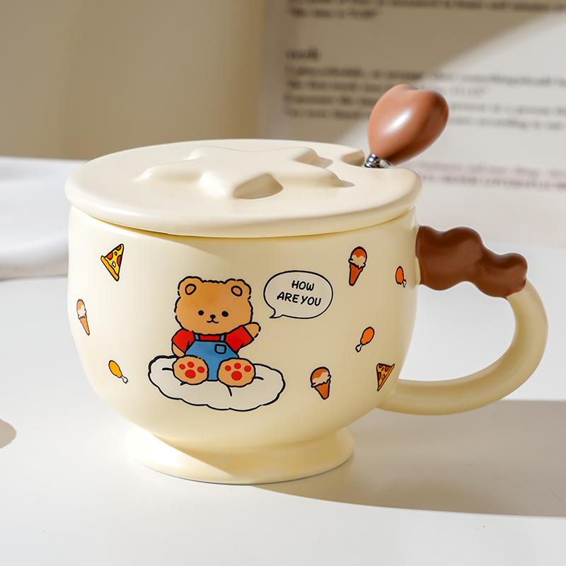 Cartoon Ceramic Cup With Cover, High-Value Household Couple Water Cup Gift Box, Small Gift Idea