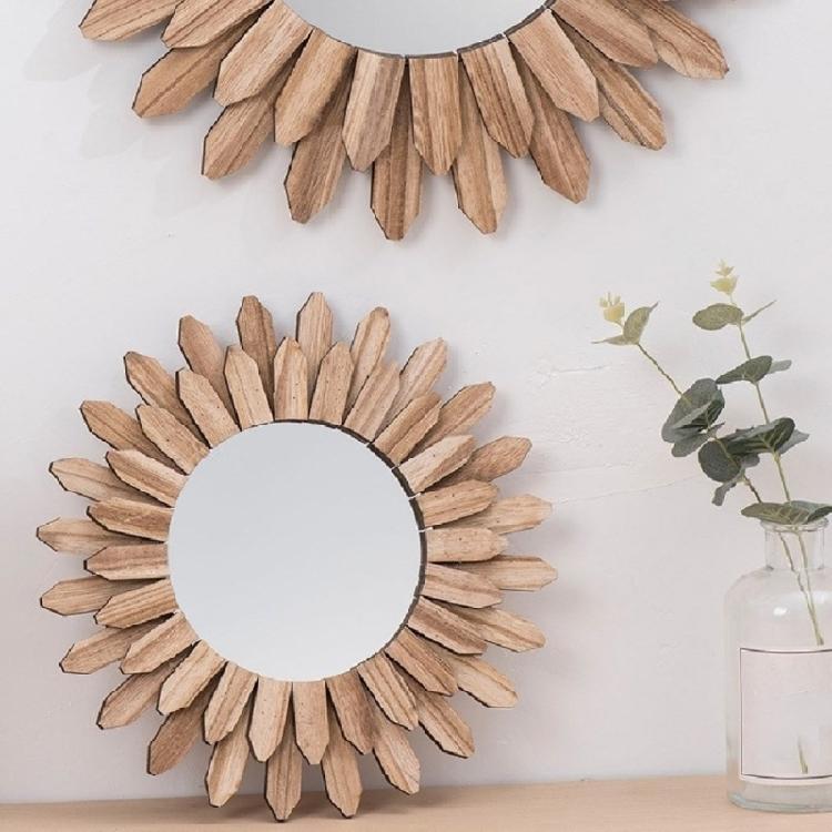 Sun Shape Wooden Round Mirrored Innovative Decors Makeup Mirrored Wall Mirrored