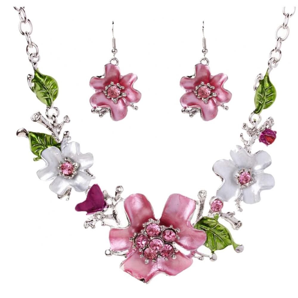 Multicolor Women Jewelry Sets Flower Rhinestone Inlaid Pendant Necklace Earrings Jewelry Set Bridal Wedding