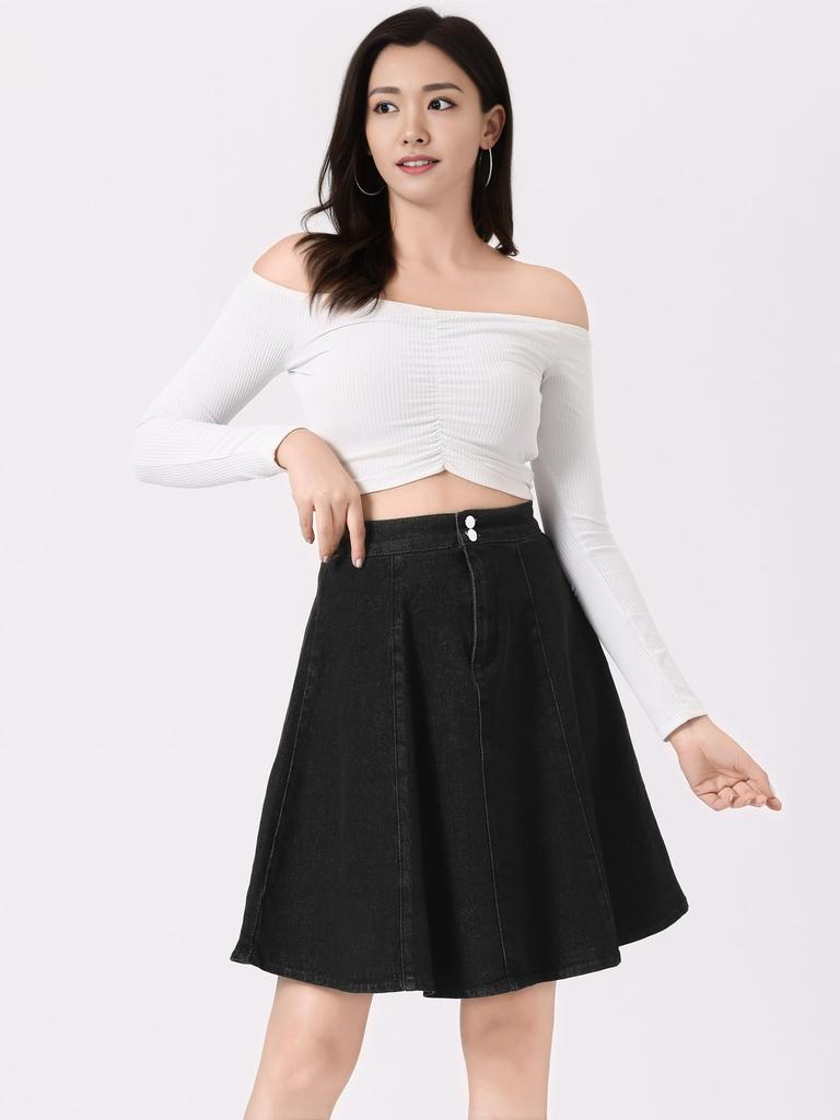 Allegra K Mini Skirt, Denim Skirt, Summer Pleated Skirt, Slimming, Stretchy, A-Line, Elegant, High-Waisted, Casual, Women's, Black, XL