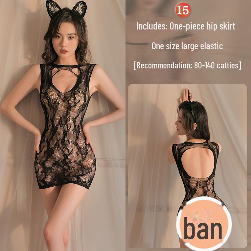 Erotic Black Mesh One-Piece Lingerie Set with Open Stockings - Tempting and Sexy