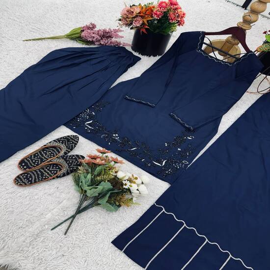 Elegant Navy Blue Kurti with Palazzo and Embroidered Hem