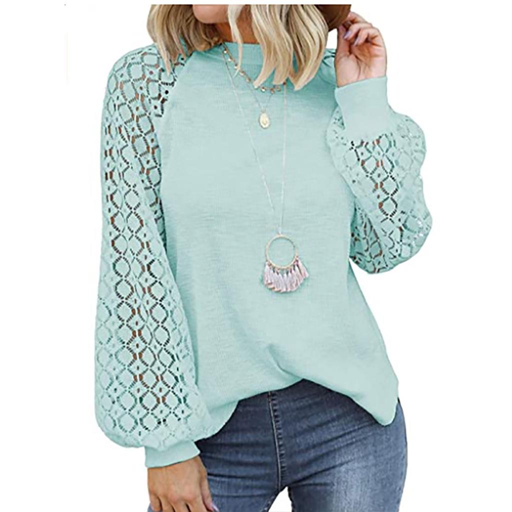 Women's Fashion Casual Blouse  Soild Long Sleeve Lace Splicing Loose Top