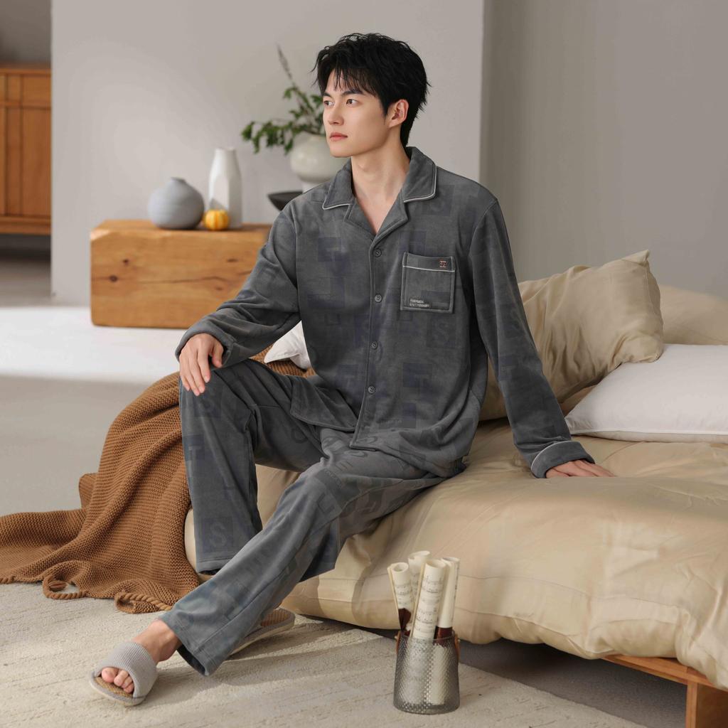 Island fleece pajamas men's autumn and winter cardigan high-end men's casual coral fleece warm loungewear winter suit