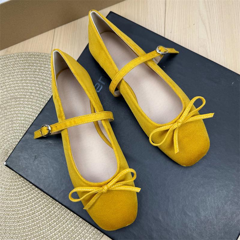 Fashion Flat Shoes for Women Suede Square Toe 2025 Spring and Autumn New Bow Flat Bottom Mary Jane Shoes Plus Size Women's Shoes 43 44
