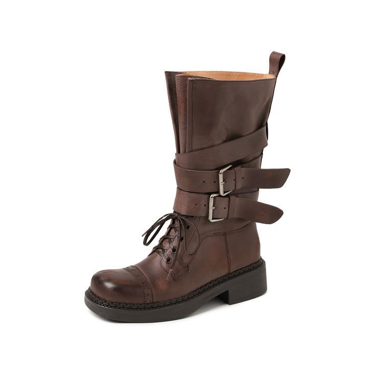 Full Cowhide Autumn and Winter Retro Heightening Medium Boots Belt Buckle Lace Locomotive Fried Street Knight Boots Thick-soled Martin Boots Women
