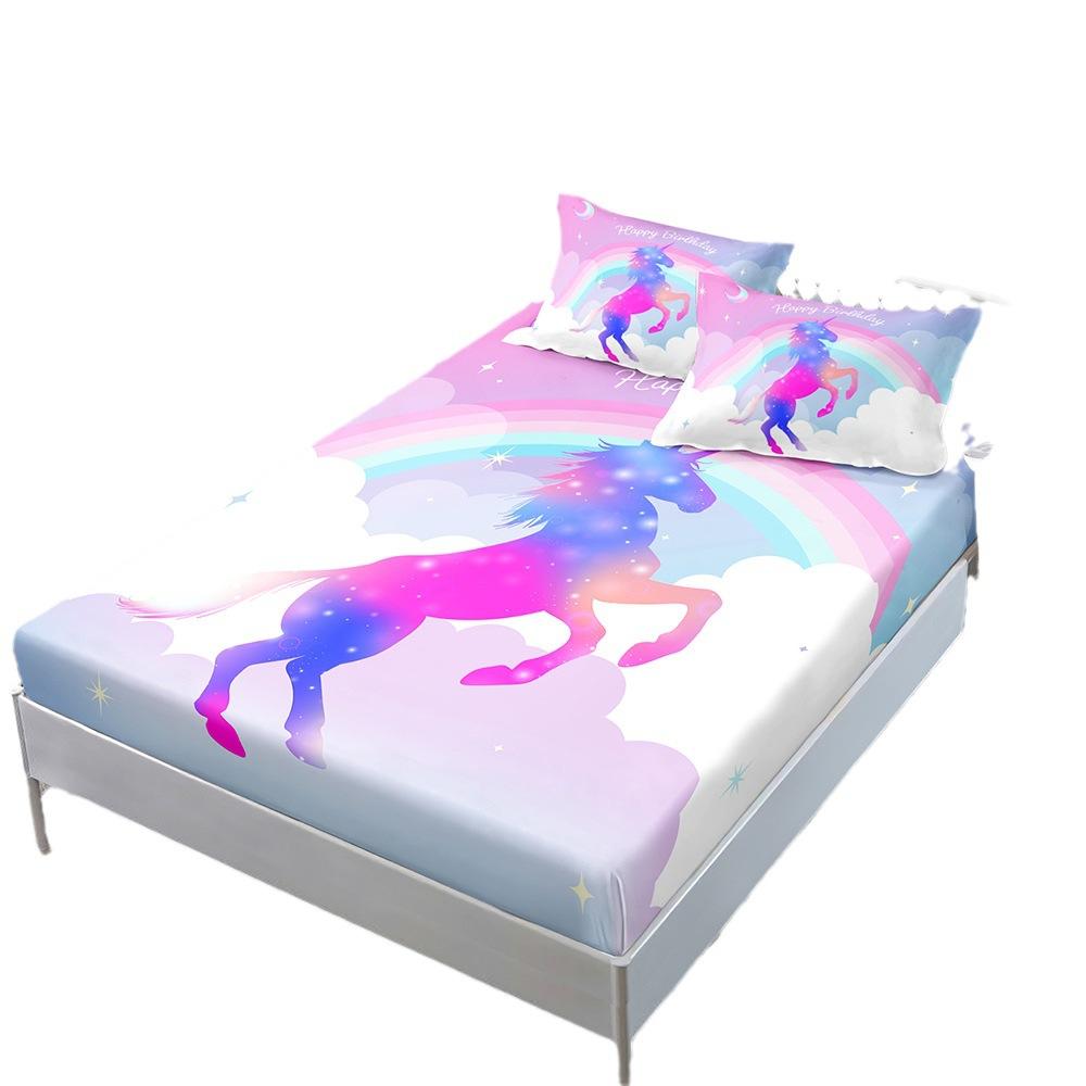 Cute Unicorn Mattress Three-Piece Set, Bedspread, Pillowcase, Mattress Protective Cover, Dust-Proof And Non-Slip.