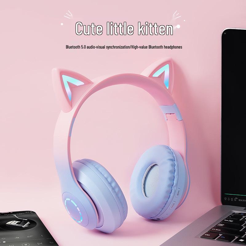 Gradient Color Bluetooth Over-Ear Headphones with LED and Card Slot for Sports