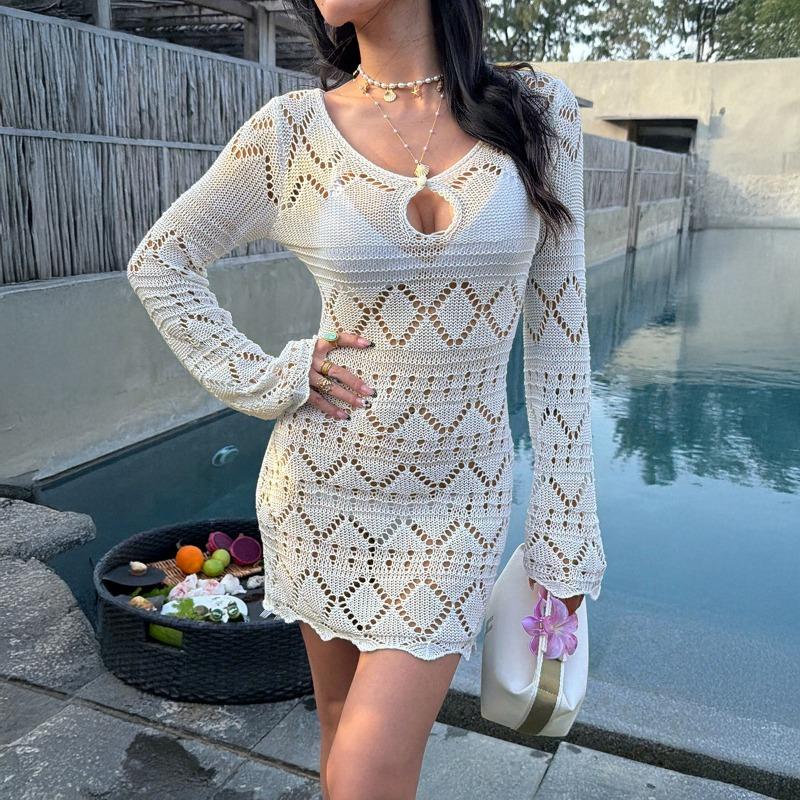 

Women s Crochet Keyhole Beach Cover-Up Dress Long Sleeve Flare Cuff Mini Dress for Swimwear S білий