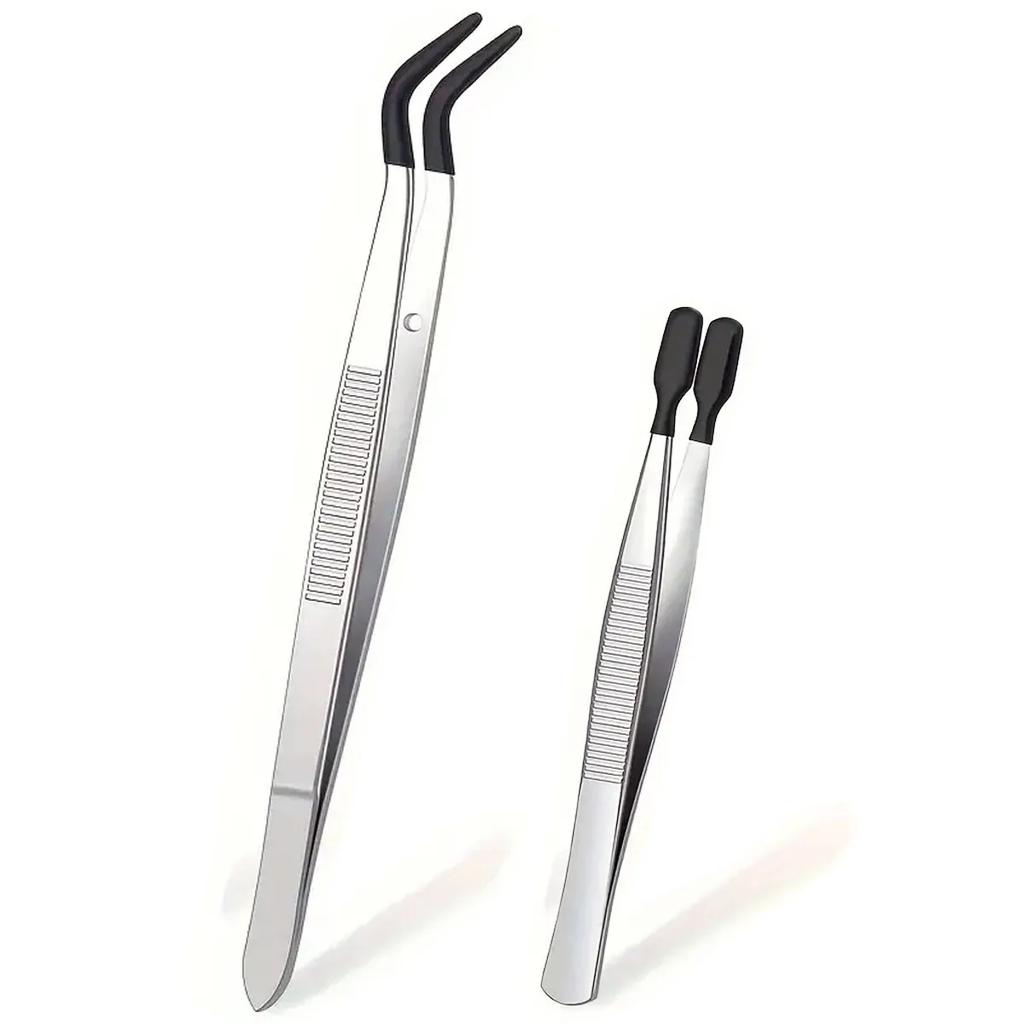1-5PCS Anti-Slip Rubber Coated Precision Tweezers Set,Straight/Bent Flat Tip for Jewelry,Electronics Repair,Nail Stamping DIY