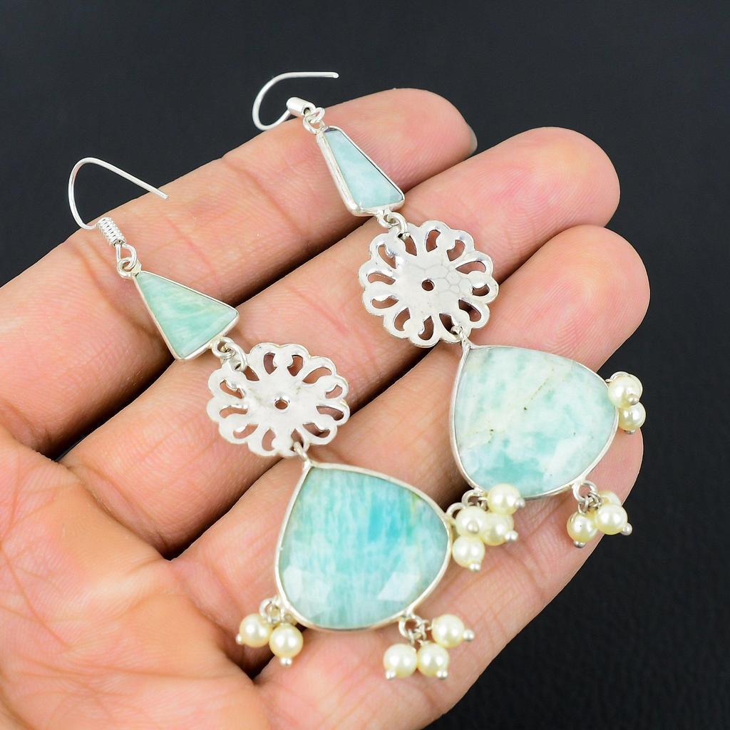 Halloween Deal Pear Amazonite Stone Sterling Silver Sister Hook Drop Earrings