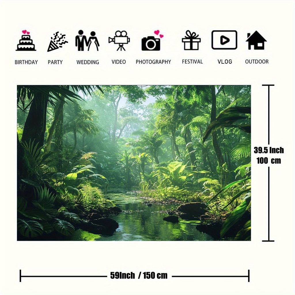 1 pièce de tissu de fond de ruisseau de forêt tropicale - végétation luxuriante, arbres et éléments aquatiques en arrière-plan