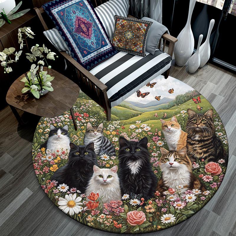 Cats In a Garden Round Area Rug,Carpet Rug for Living Room Bedroom Sofa Playroom Decor,Non-slip Floor Mat