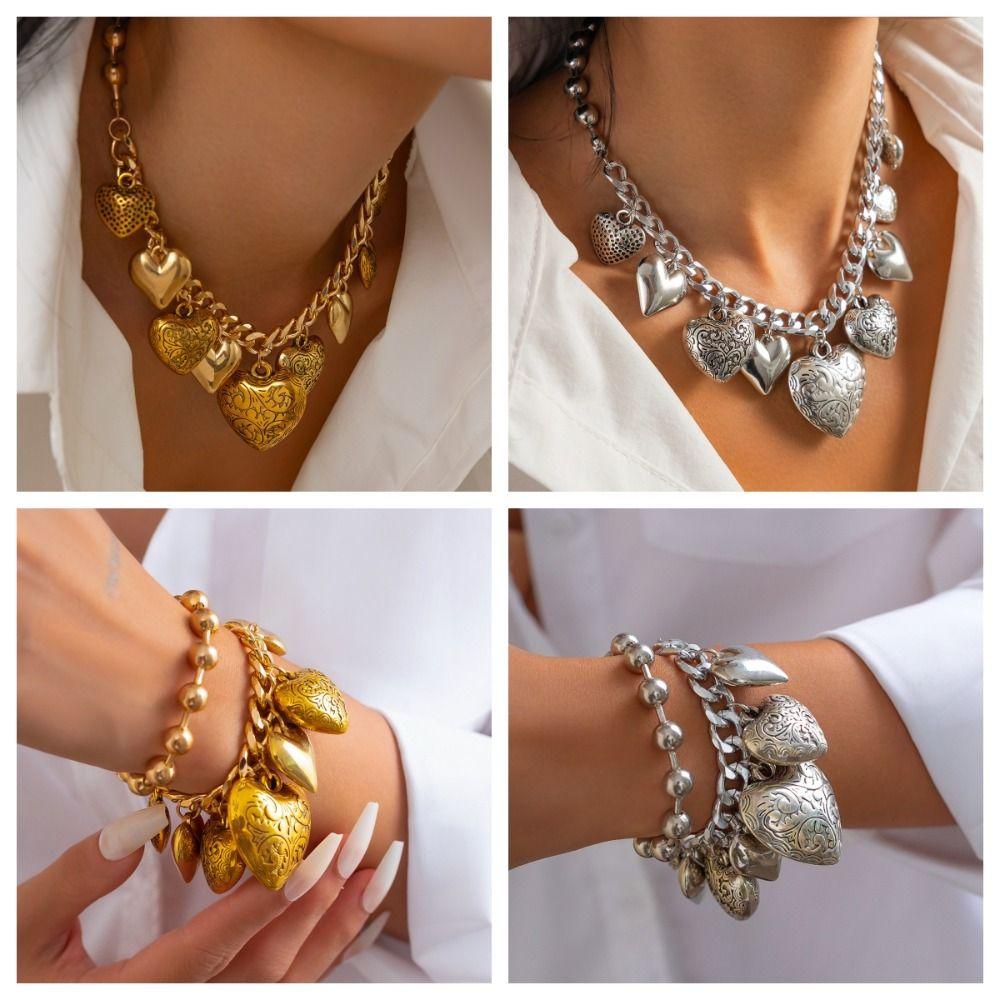 Elegant Heart Pendant Necklace Exaggerate Vintage Jewelry Exquisite Metal Heart Bracelet  Gift