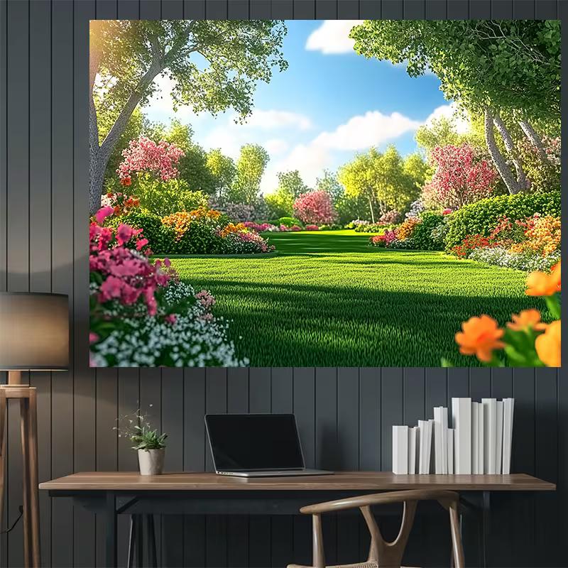 2D Spring Forest Photo Backdrop Green Lawn Floral Scenery Background for Events