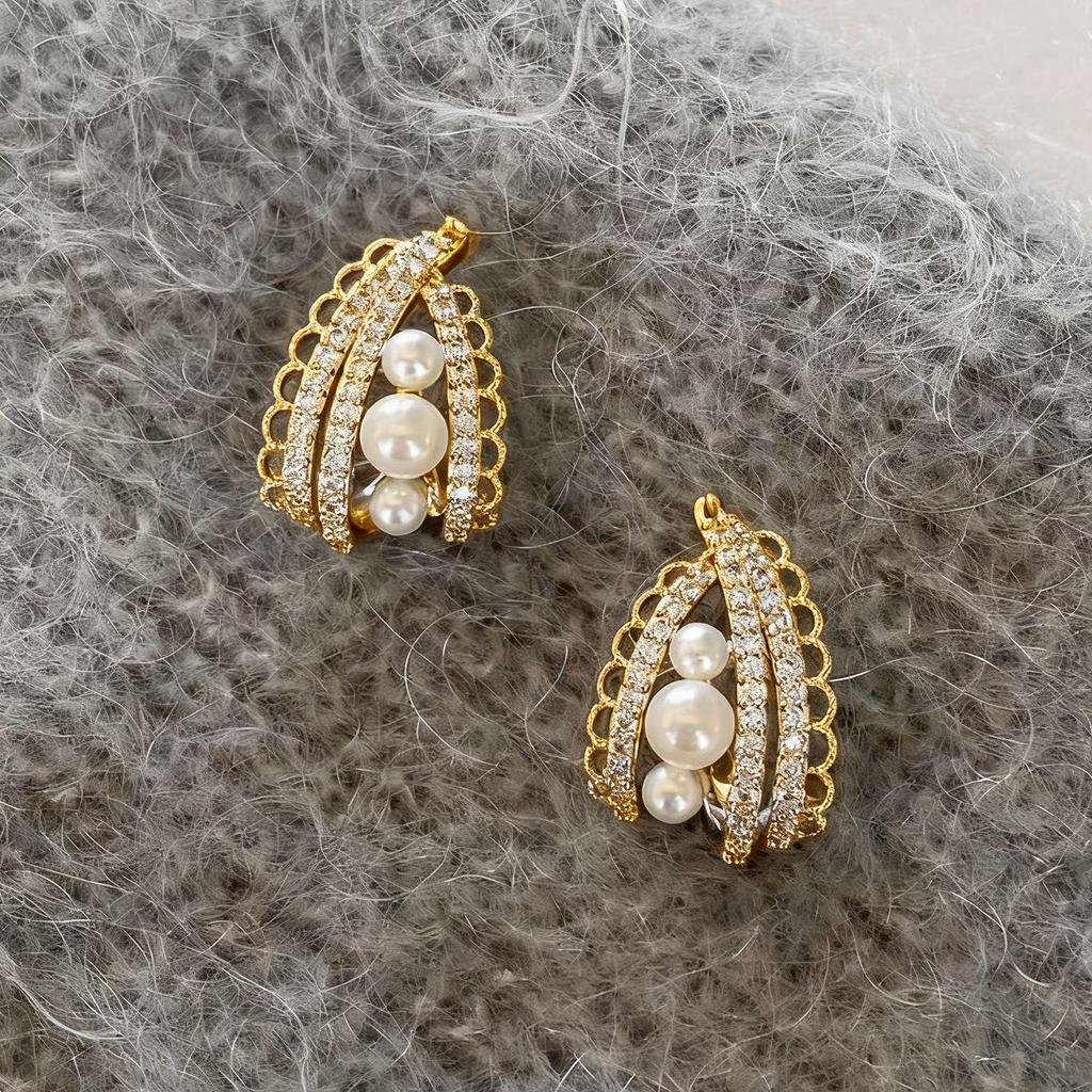 French Pearl & Zircon Earrings: Women's Light Luxury Lace Edged Studs, Hoops, and Clips.