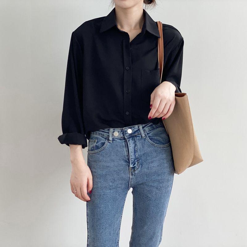 Women's Loose Gray-Blue Long-Sleeve Shirt - Niche Korean Hong Kong Style for Spring and Autumn