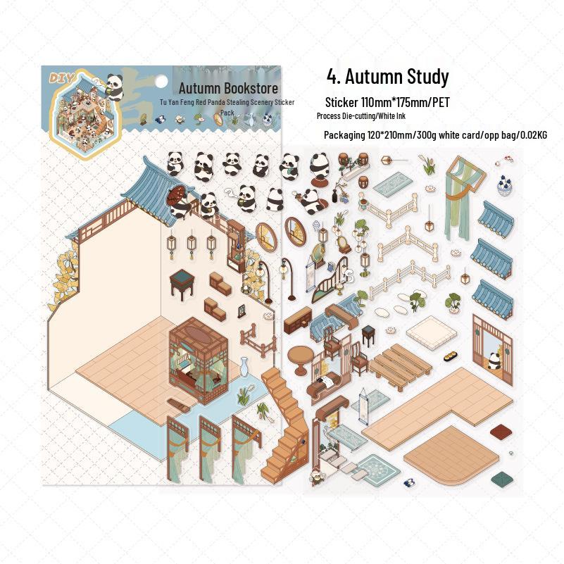 Twilight Panda 3D Landscaping Stickers: Chinese-Style Layered House Scenes for Journals