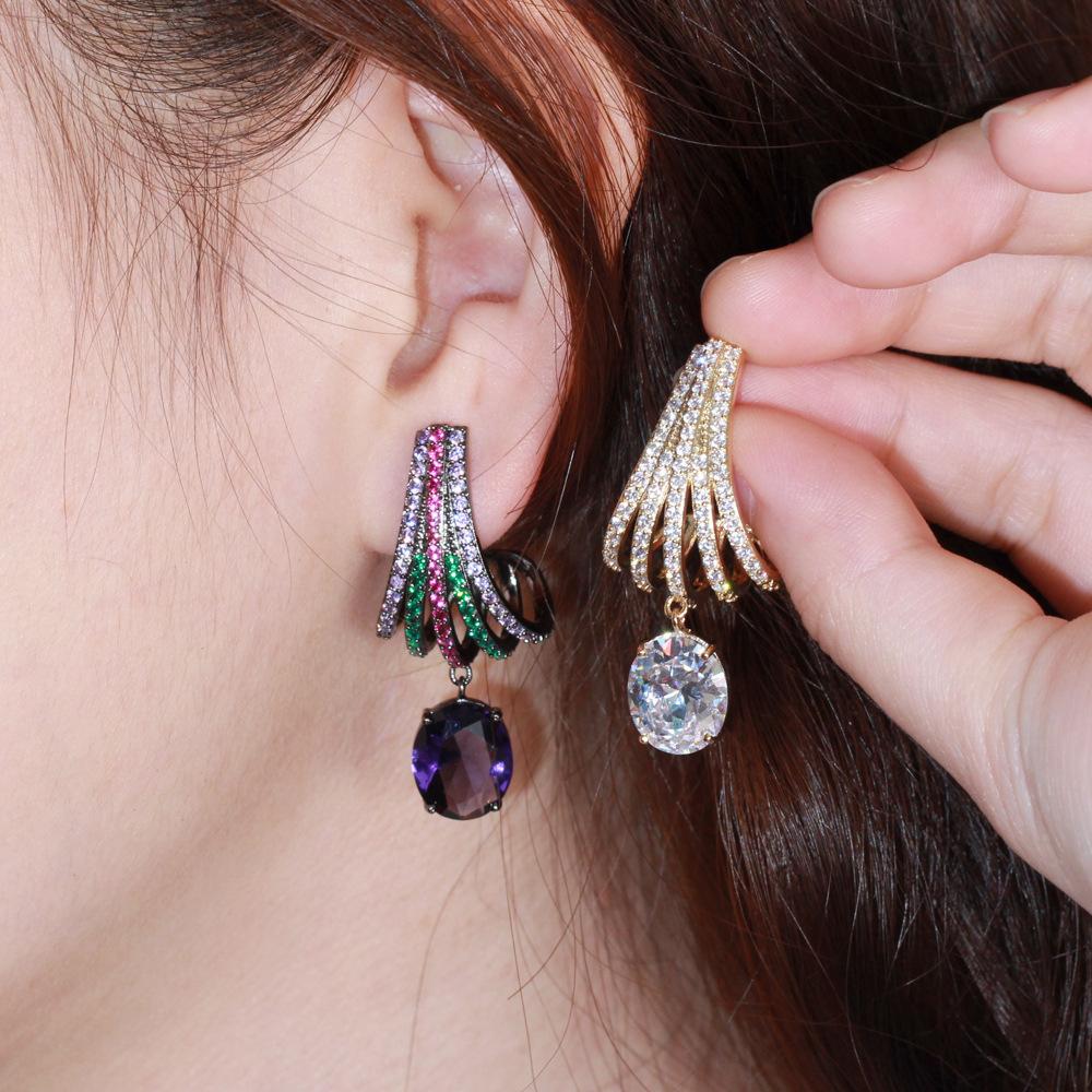 1 Pair Elegant Oval Cut Purple Zircon Long Dangle Earrings for Women Vintage Black Golden Color Bride Wedding Earrings