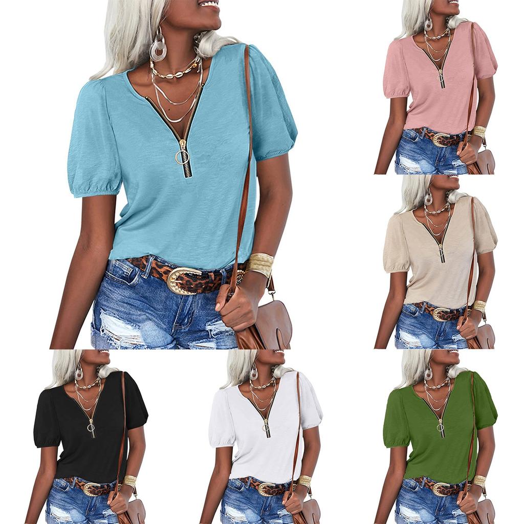 Women's Casual Fashion Zipper V-neck Solid Color Short Sleeve Top