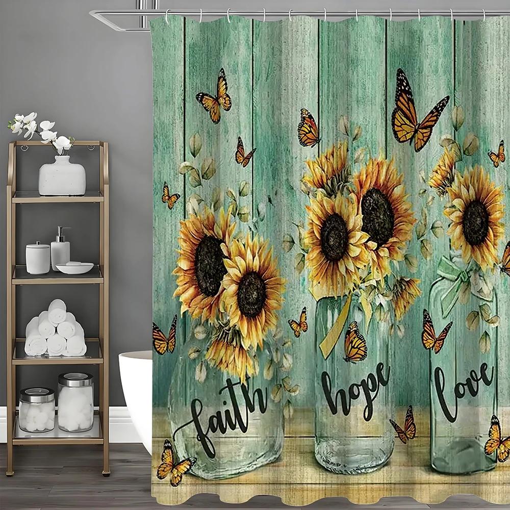 Glass Bottle Sunflower Butterfly Wooden Panel Shower Curtain, Bathroom Decorative Shower Curtain, Waterproof Shower Curtain with