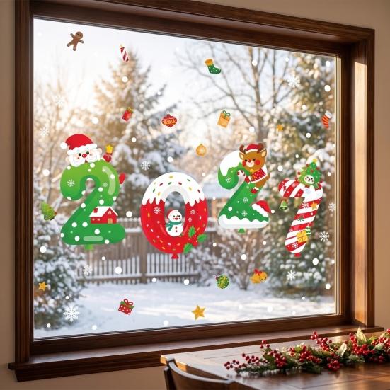Santa Claus Snowman Elk Decals 4 Sheets 2027 Christmas New Year Window Clings, Double Sided Static Sticker with Home Office Decor Reindeer Snowflake