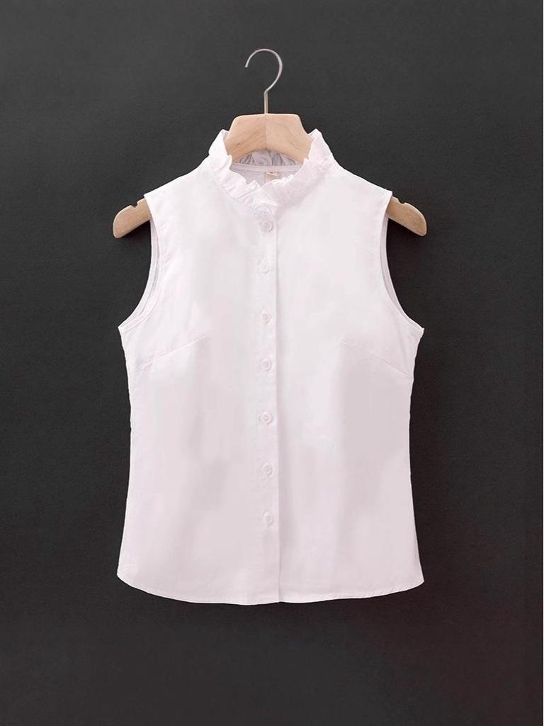 Women's Korean Style Sleeveless Stand Collar Cotton Shirt - Versatile Base Layer for Autumn/Winter, Ideal with Suits & Sweaters.