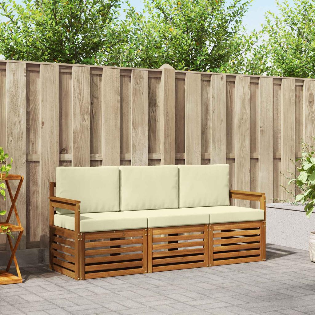 3 Piece Outdoor Sofa Set In Natural and Cream Solid Acacia Wood