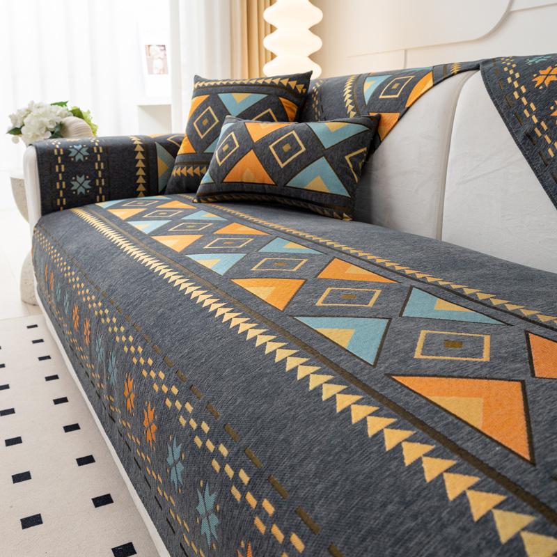 

Чехол для дивана из синели в богемном стиле, чехол для дивана с геометрической вышивкой, защитный чехол для мебели, нескользящие чехлы для диванов для домашнего декора гостиной 70x120cm темно серый