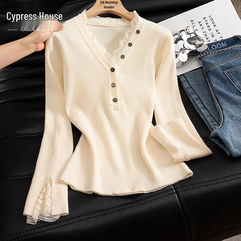 Sisbyshe Women s V-Neck Button-Detail Knit Top One Size