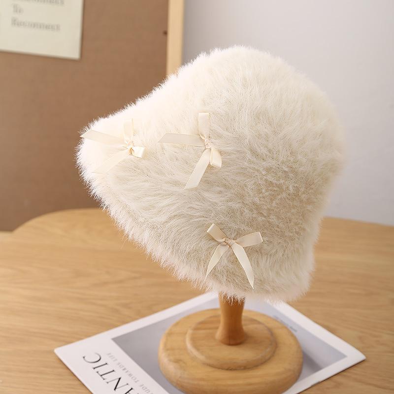 Sweet Bow Plush Bucket Hat Schoolgirl Cute Bucket Hat Winter Foldable Fashion Basin Hat
