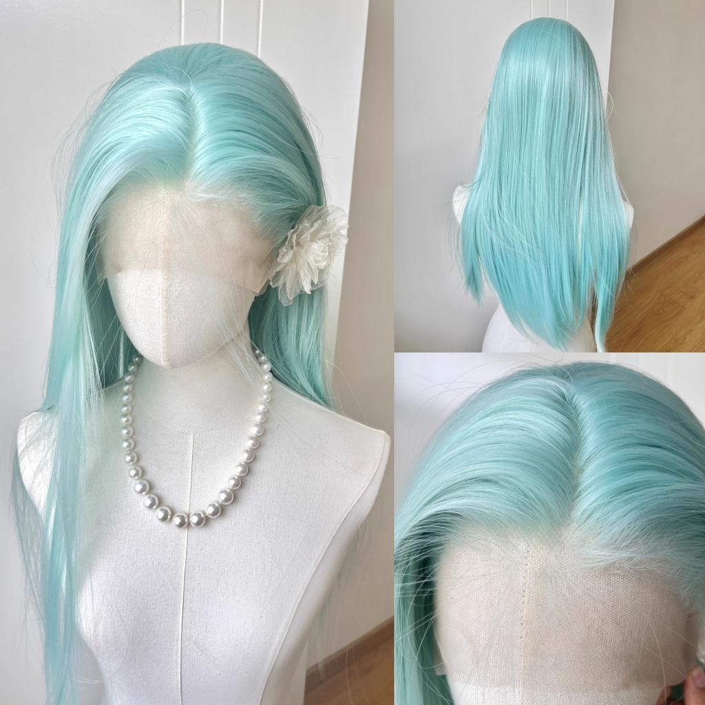 Mint Green Lace Front Wig for Women 13*4 Lace Frontal Long Straight Hair Wigs High Quality Fibers Synthetic Lace Wig for Cosplay
