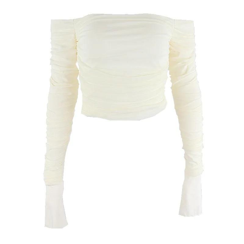 

Сетчатая футболка с длинным рукавом и сборками, сексуальные облегающие женские укороченные топы с открытыми плечами, летние однотонные элегантные футболки 2024 года M бежевый