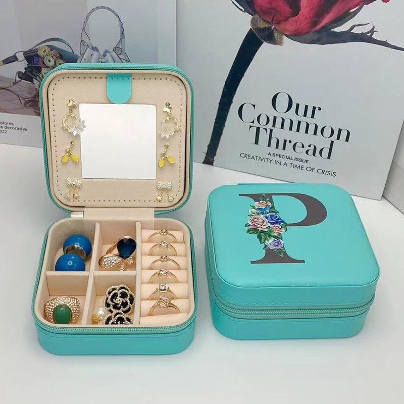 PU Leather Jewelry Box Mirror Storage Box 26 Letter Printed Portable Jewelry Organizer Earring Ring Necklace Case