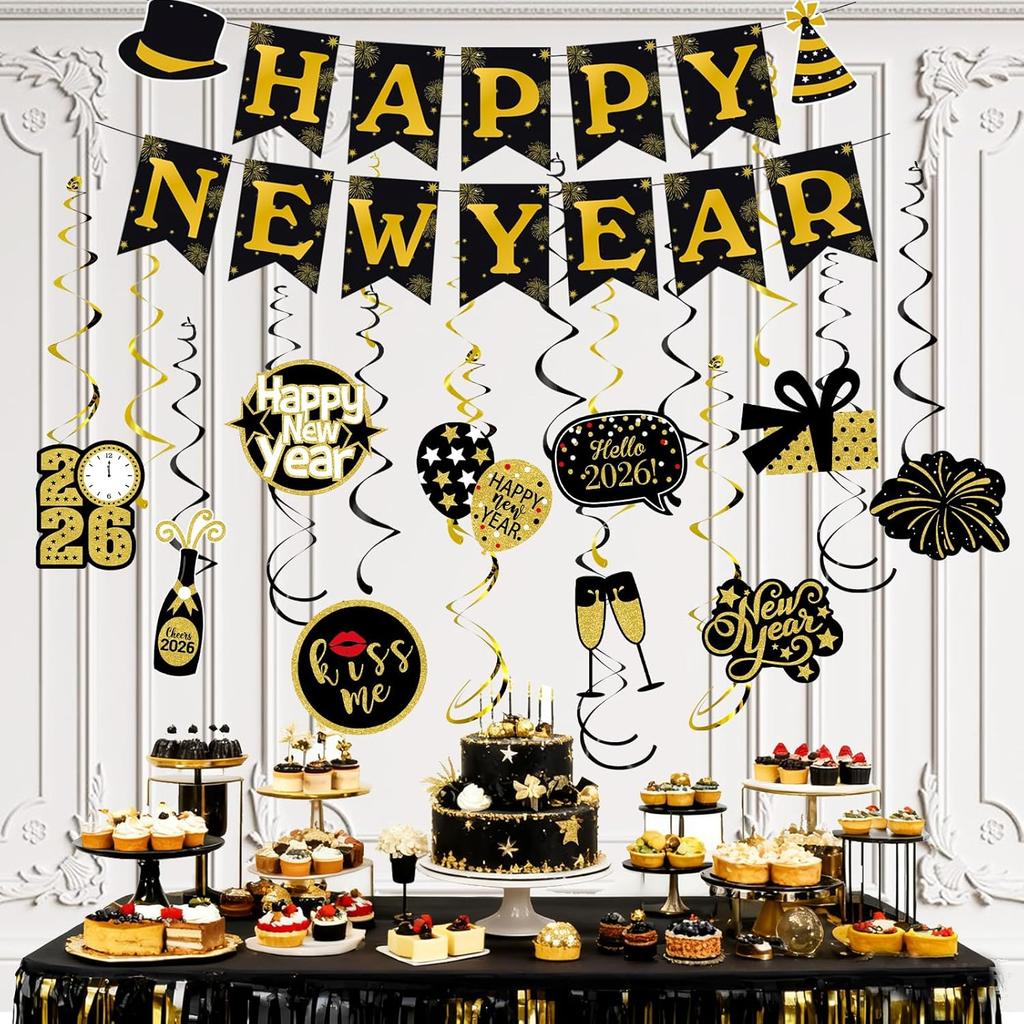 JOJO FLY New Years Eve Party Decorations Kit, Happy New Year Banner, Black and Gold Hanging Swirls for Happy New Year Decorations 2026, NYE