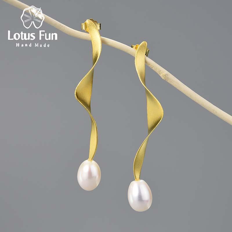 

Lotus Fun натуральный жемчуг 18-каратного золота Длинные волны витые висячие серьги для женщин стерлингового серебра 925 пробы ювелирные изделия на Хэллоуин