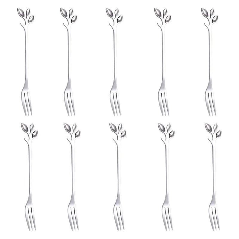 10Pcs 12cm Leaf Design Stainless Steel Fruit Dessert Spoon/Fork, Silver (BPA Free, No FDA) A