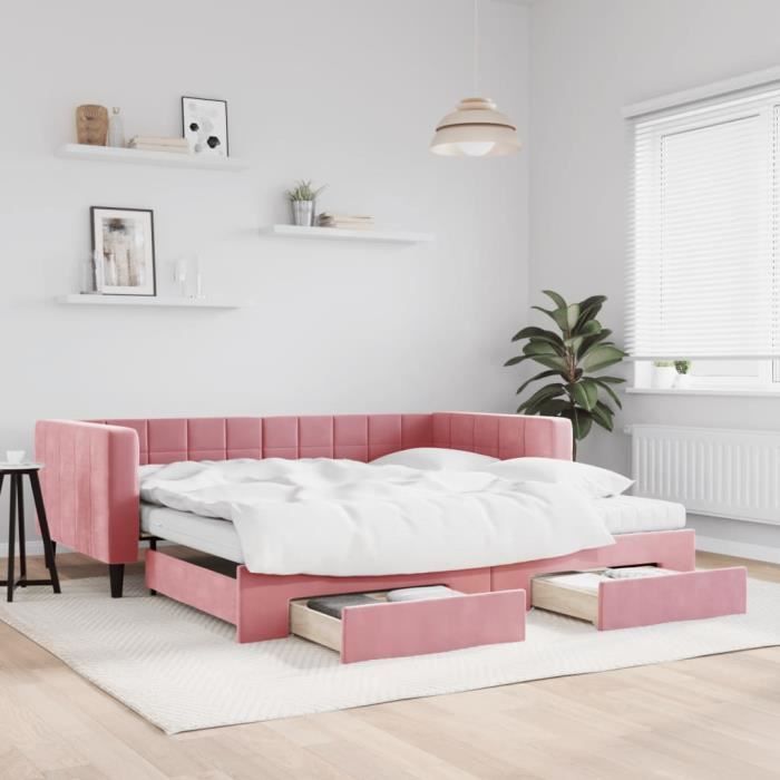 VidaXL Daybed with Trundle and Drawers Pink 100x200 Cm Velvet 3196773