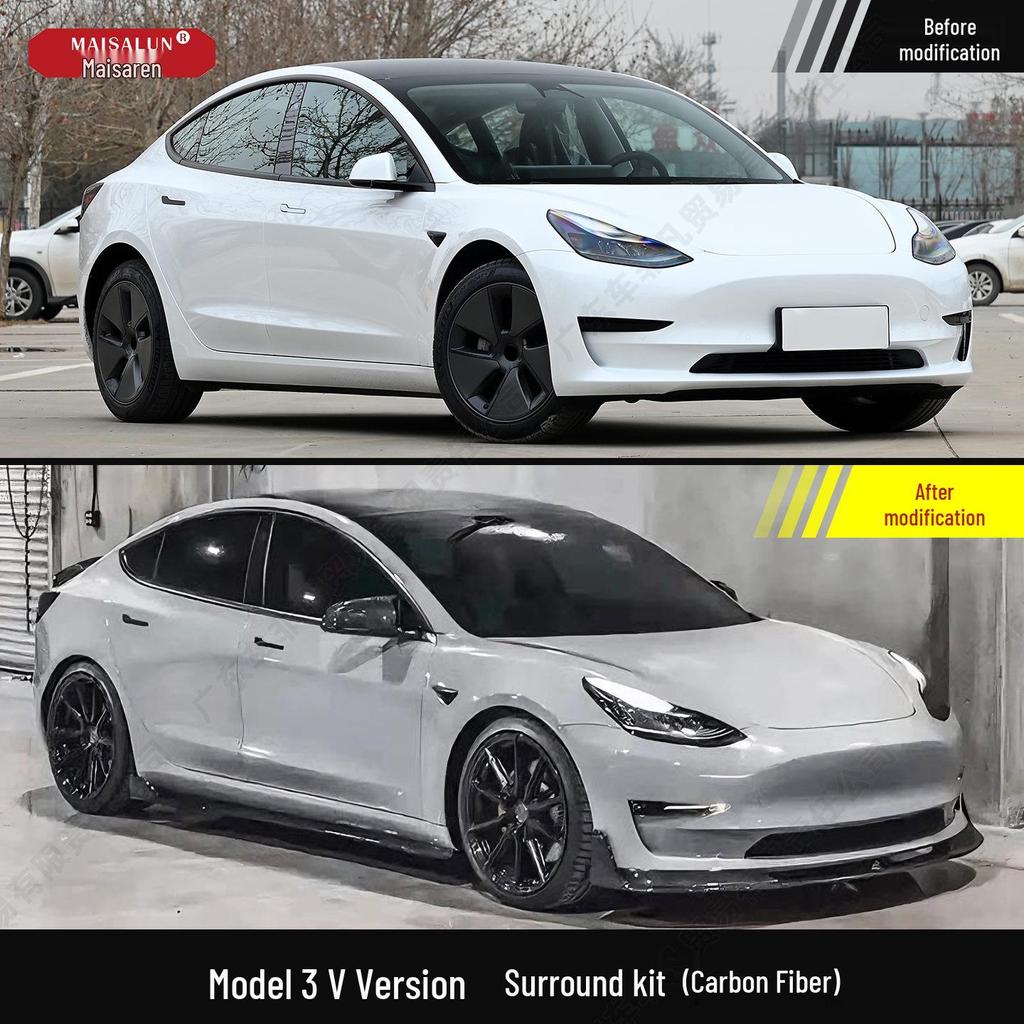Tesla Model 3 V Style Carbon Fiber Front Lip & Side Skirts Kit