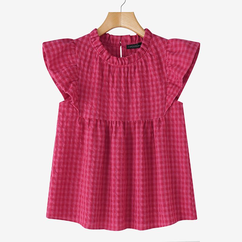 

ZANZEA Womens Casual Summer Cap Sleeve Grid Print Blouse S
