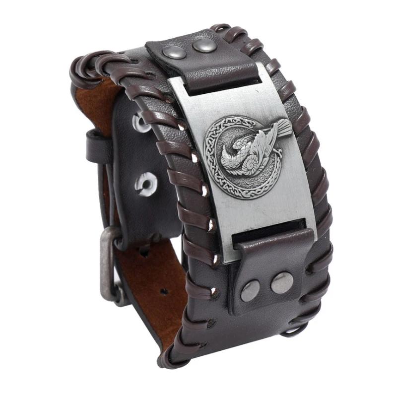 Trendy Wide Leather Woven Viking Rune Bracelet for Men Hip Hop Punk Jewelry Accessory Nordic Crow Charm Fashion