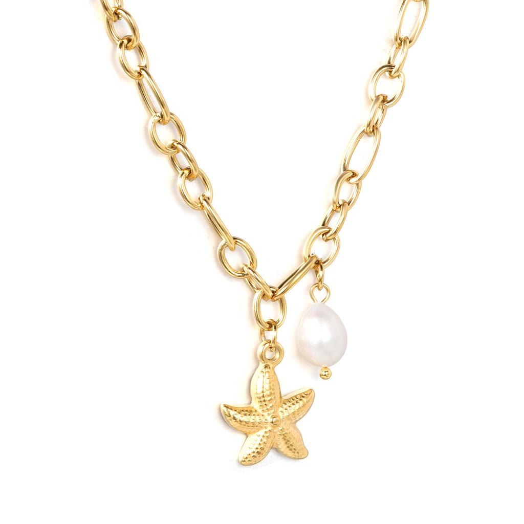 Summer Beach Starfish Shell Pearl Pendant Gold Necklace Women's Jewelry Accessory
