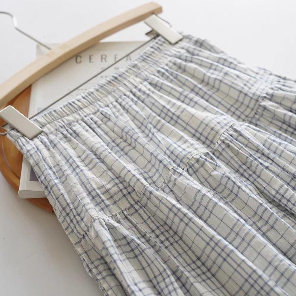 Women's French Romantic Seersucker Checkered A-Line Umbrella Midi Skirt - Light Blue & White Paneled Flared Hem for Summer