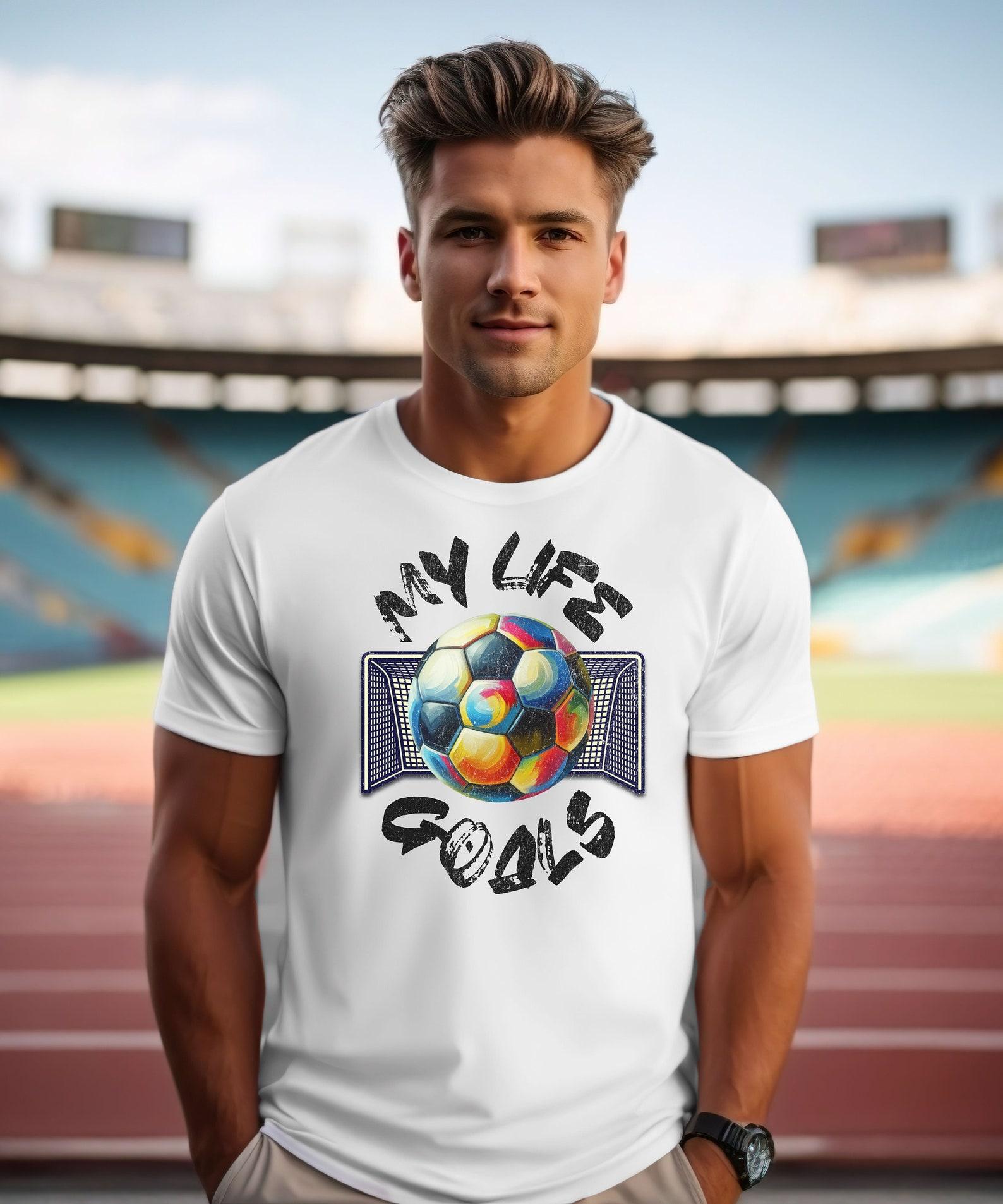 Life Goals Distressed Font Soccer Design - Colorful Soccer Ball With Net Sports Shirt L