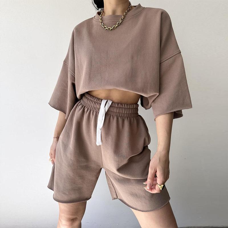 Street Style New Casual Outfit For Women, Short-Sleeved Round-Neck Loose Top + Tie Shorts Two-Piece Set