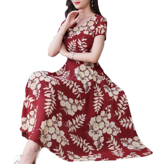 Lady Fashion Floral Print Tight Waist Large Swing V-Neck Short Sleeve Maxi Dress